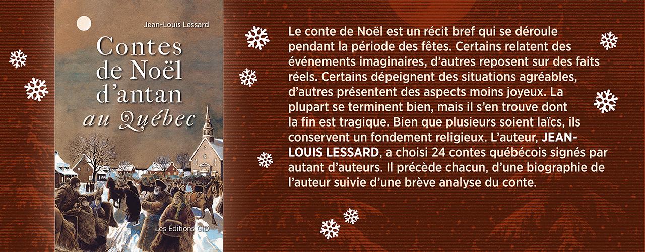 Bandeau annonçant la parution et décrivant le nouveau livre Contes de Noël d’antan au Québec